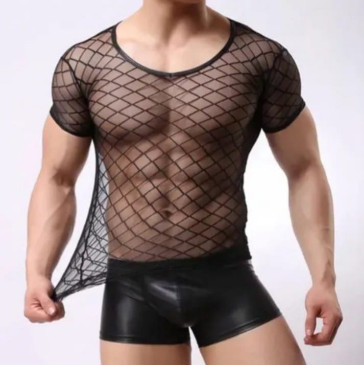 Feline Men's Transparent T-Shirt & Short Ice Silk Fabric Mesh Sleepwear Set